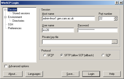WinSCP opening page