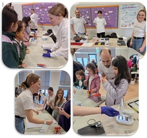 four pictures of people demonstrating genetics in a school
